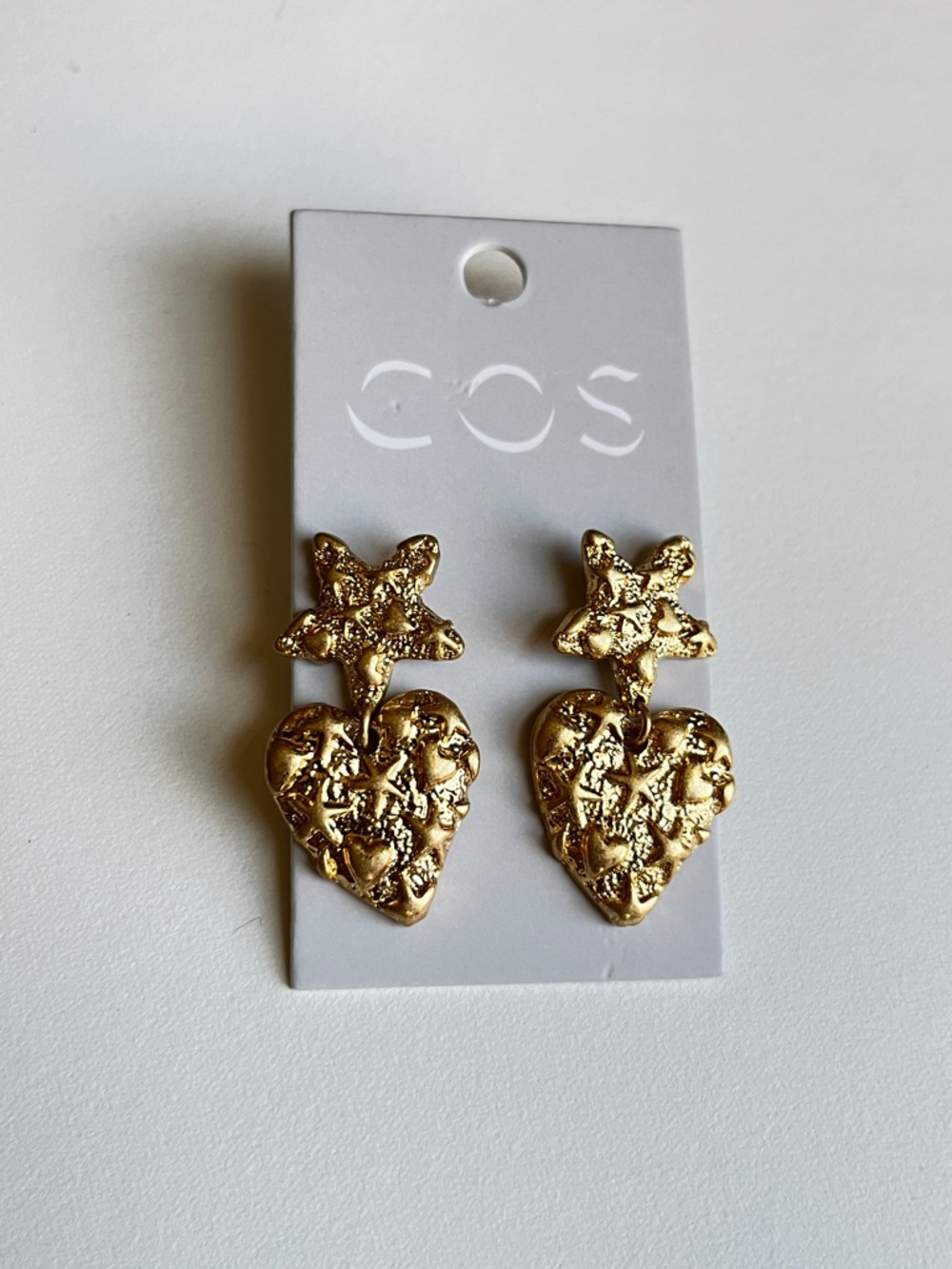 COS Gold Textured Star-to-Heart Drop Earrings